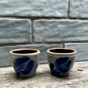 Set of Salt Glaze Blue Floral Ceramic Pots- Vintage